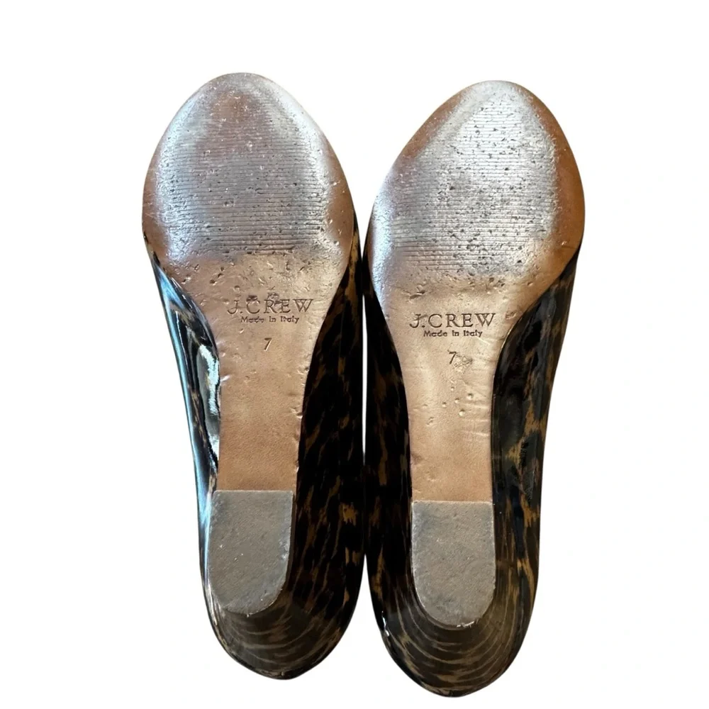 J Crew Size 7 Black/Tan Patent Leather Leopard Print Wedge Shoes Heels